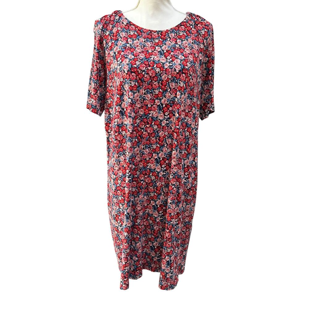 J. Jill Wearever Collection Floral Knit Midi Dress Women’s Medium Red Blue
